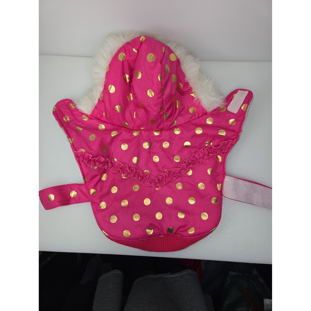 Top Paw Pink Dog Coat Ruffled Gold Metallic Dots Puffy Fleece Lined Hoodie Small